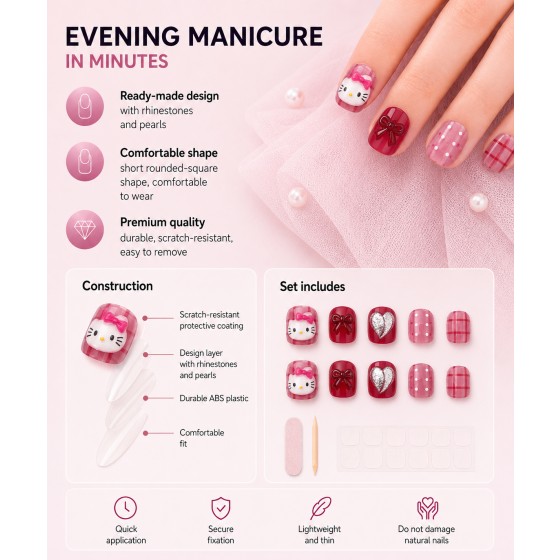 Wine‑Red Plaid Hello Kitty Press‑On Nails,3D Bow Silver Heart Short Rounded‑Square False Nails